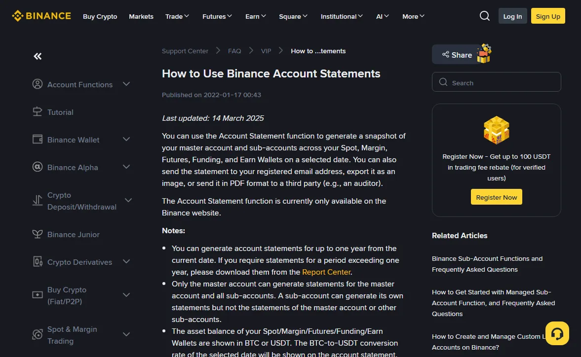 Binance help centre article on generating an account statement, with the last-updated date and the notes on wallet coverage and the one-year limit