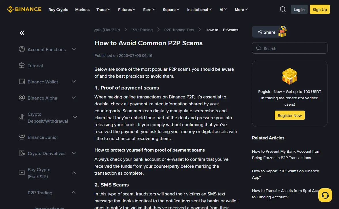 Top of the Binance help centre page on avoiding common P2P scams, showing the proof-of-payment and SMS scam sections