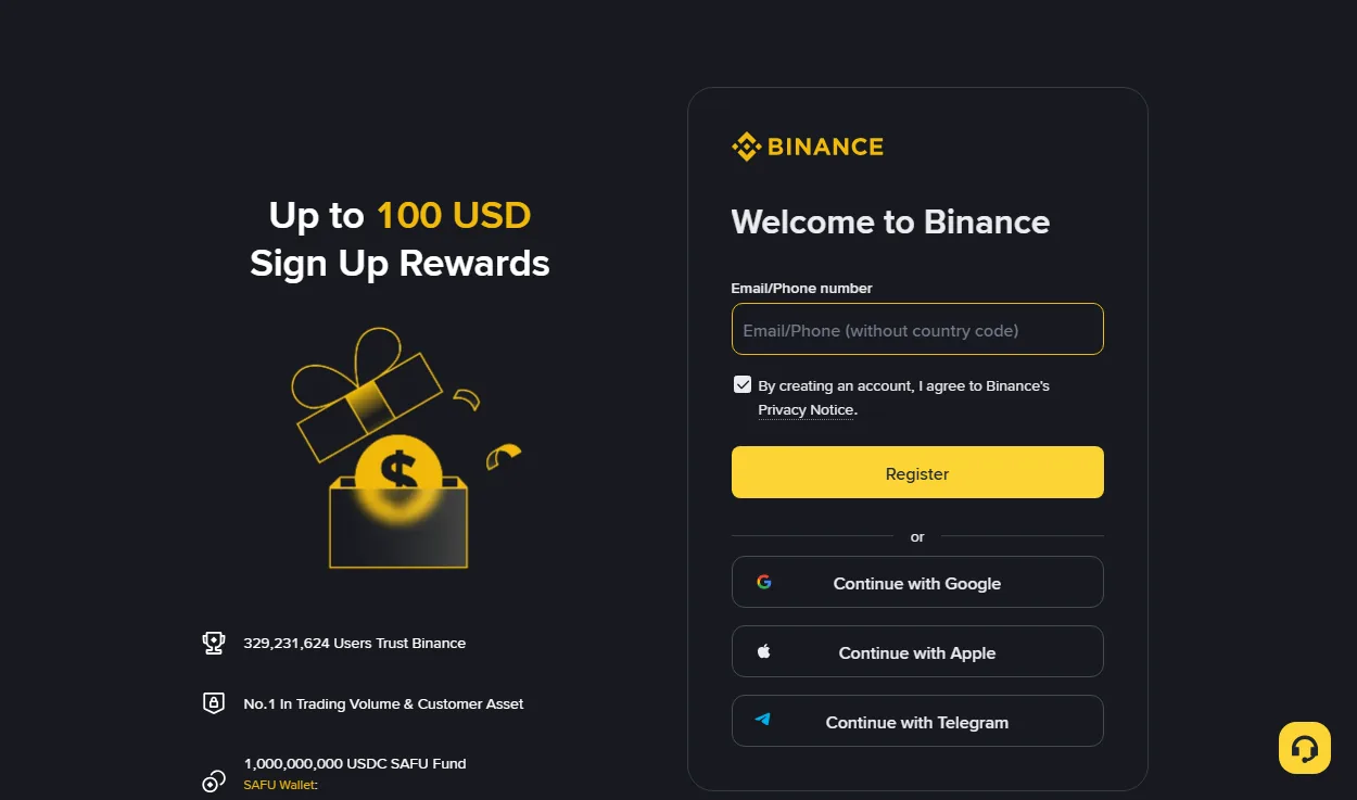 Binance 注册页面：邮箱或手机号输入框、隐私声明勾选、注册按钮，以及 Google、Apple、Telegram 三个第三方登录入口