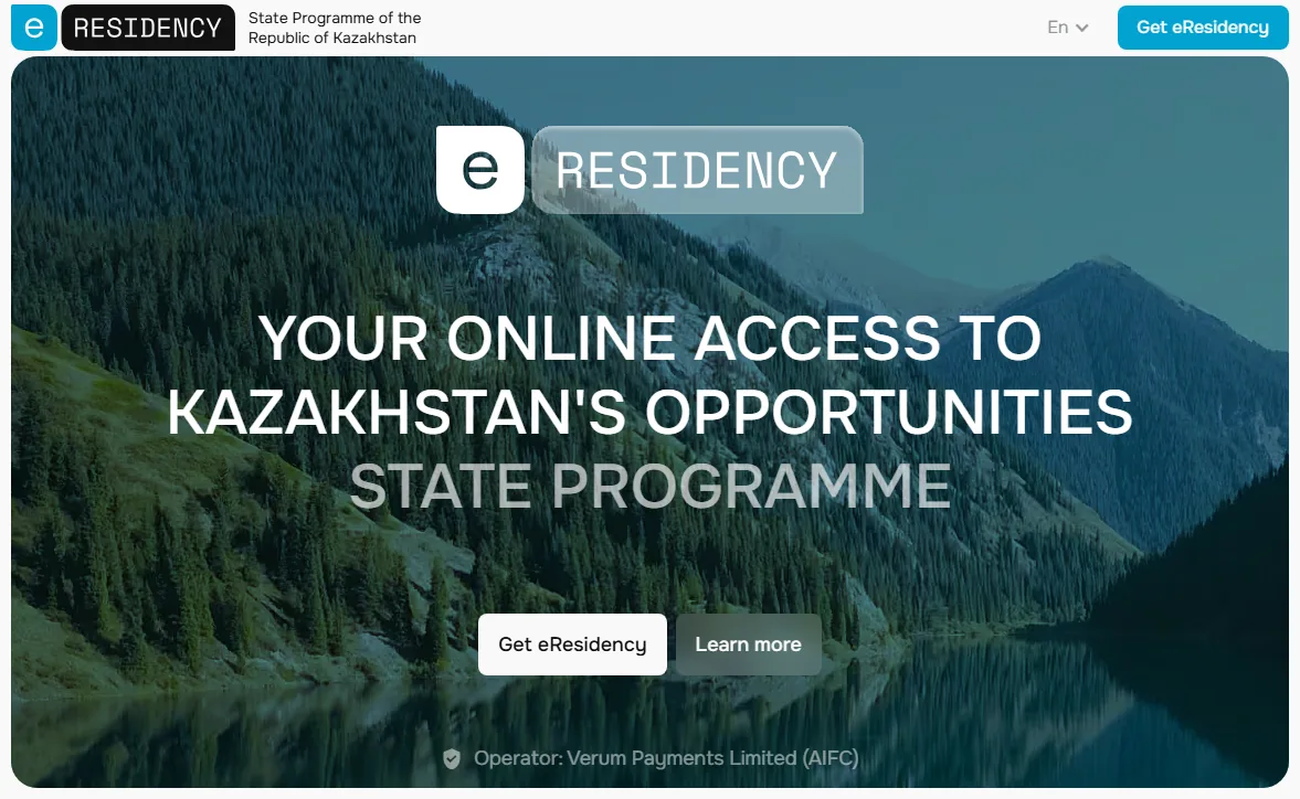 English home page of Kazakhstan's eResidency site, headed State Programme, with a footer line naming the operator as Verum Payments Limited (AIFC)